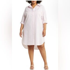 $244 HARSHMAN Willow Stripe Long Sleeve Cotton/Linen Shirtdress White/Rose Pink